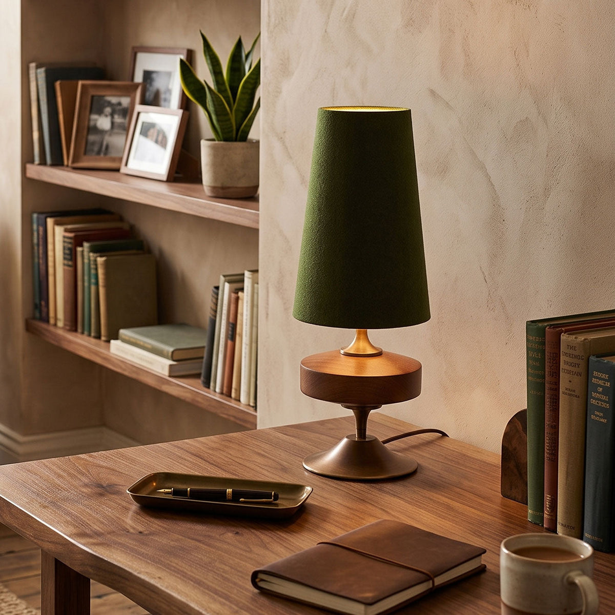 Lámpara de mesa de madera torneada Tulvia – con pantalla verde en un escritorio con libros