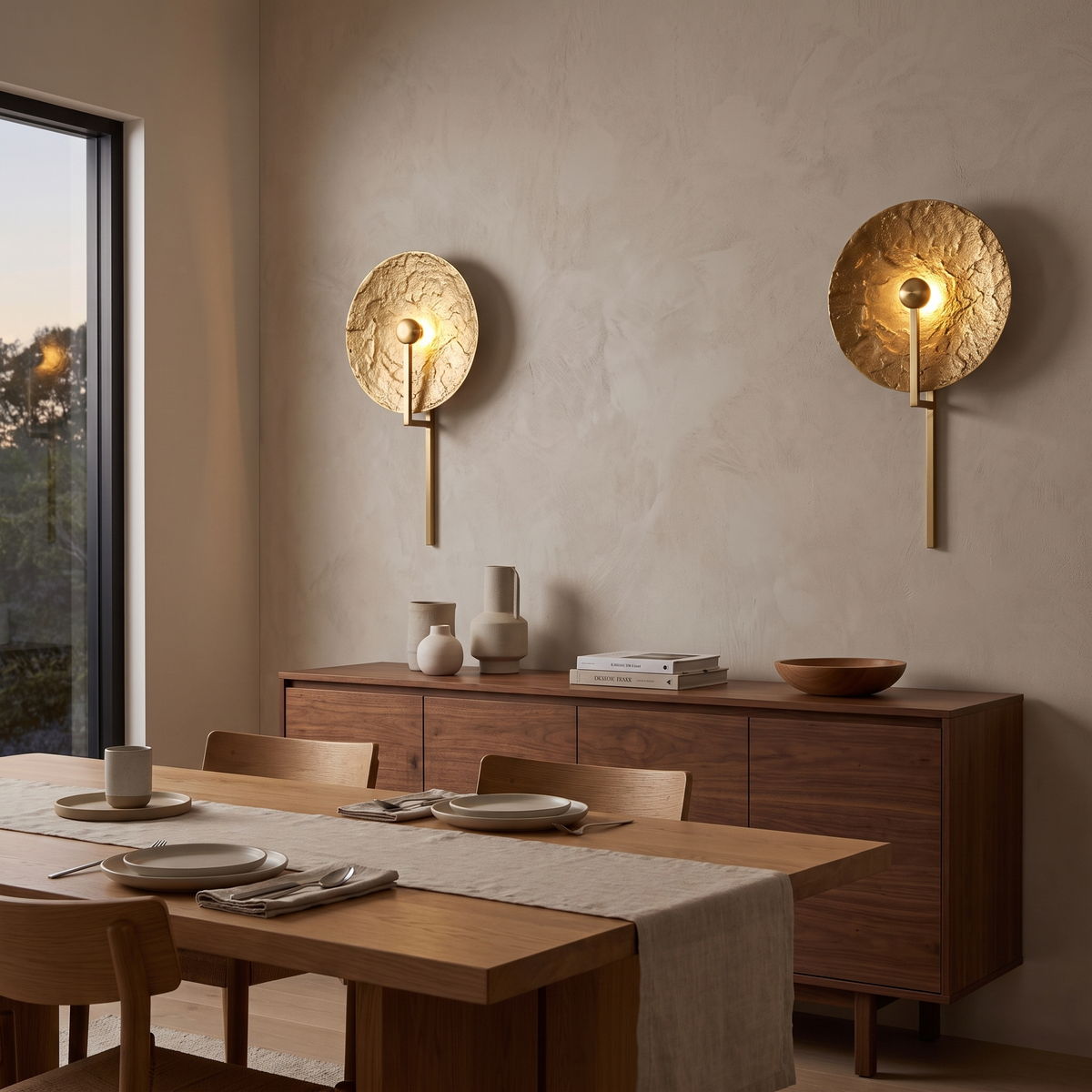 Aplique de pared Yasola con disco martillado dorado – en un comedor