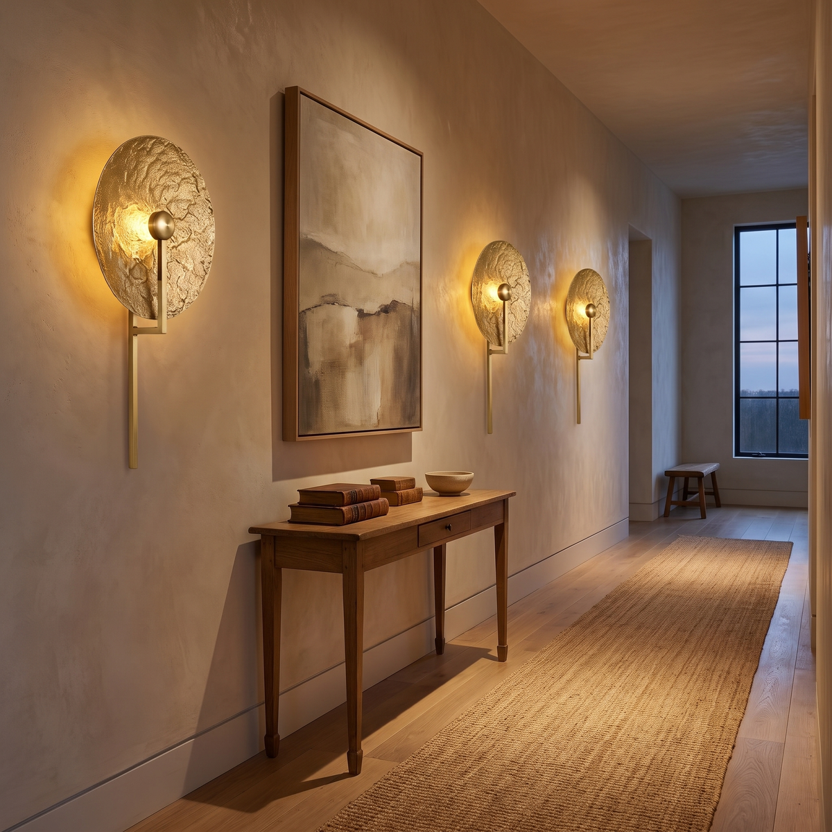 Aplique de pared Yasola con disco martillado dorado – serie de apliques en un pasillo
