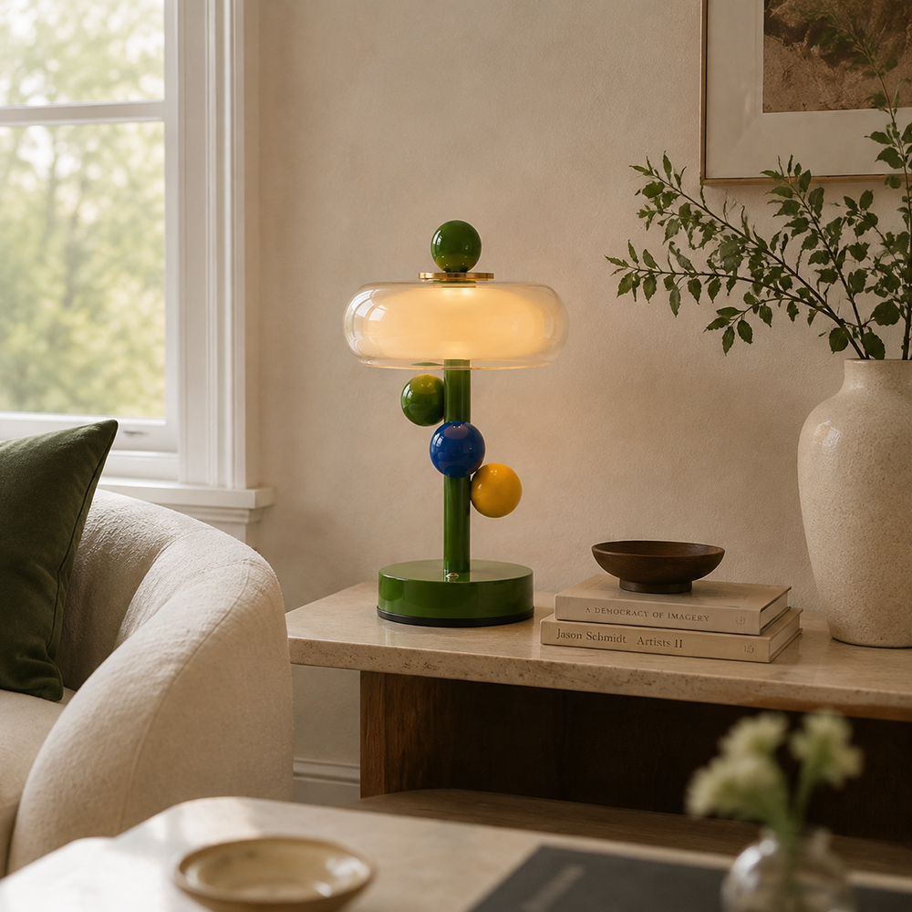Lámpara de mesa LED de colores Tutela en un salón alegre – imagen 12