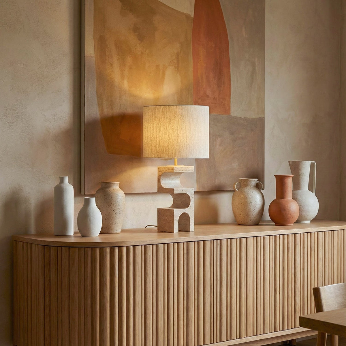 Lámpara de mesa de travertino Ubrica en un dormitorio sereno – imagen 3