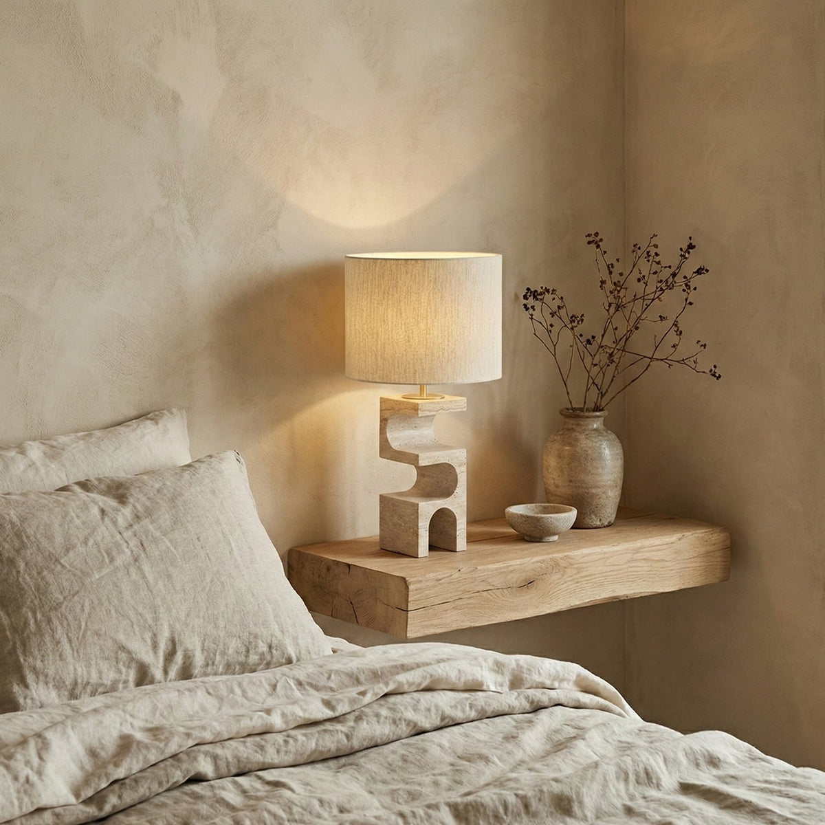 Lámpara de mesa de travertino Ubrica en un dormitorio sereno – imagen 4