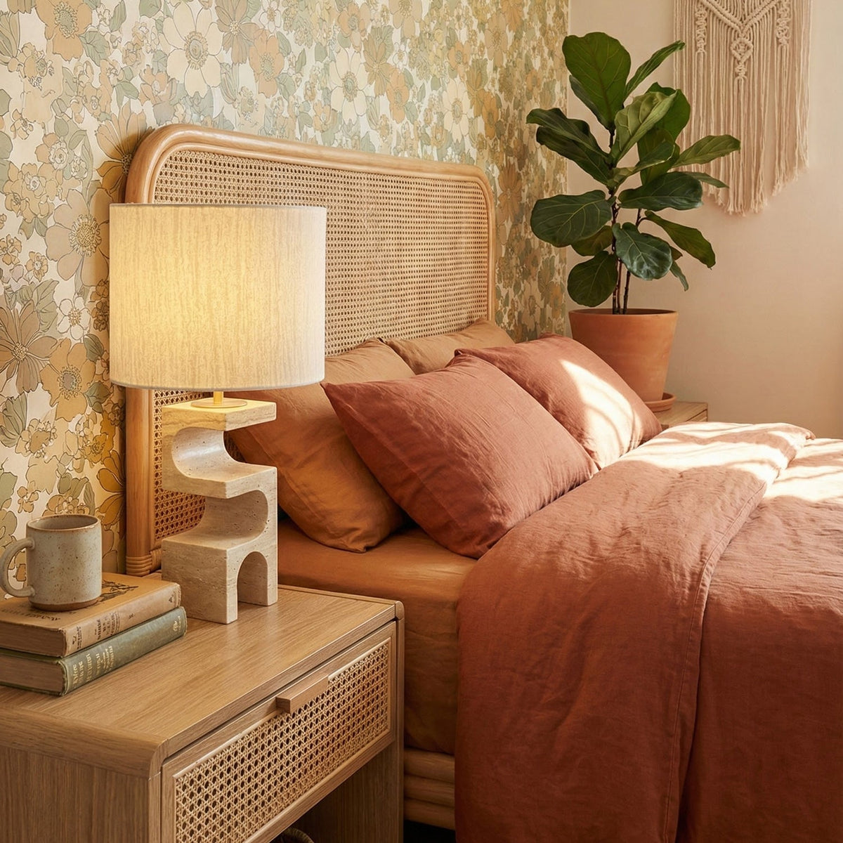 Lámpara de mesa de travertino Ubrica en un dormitorio sereno – imagen 7