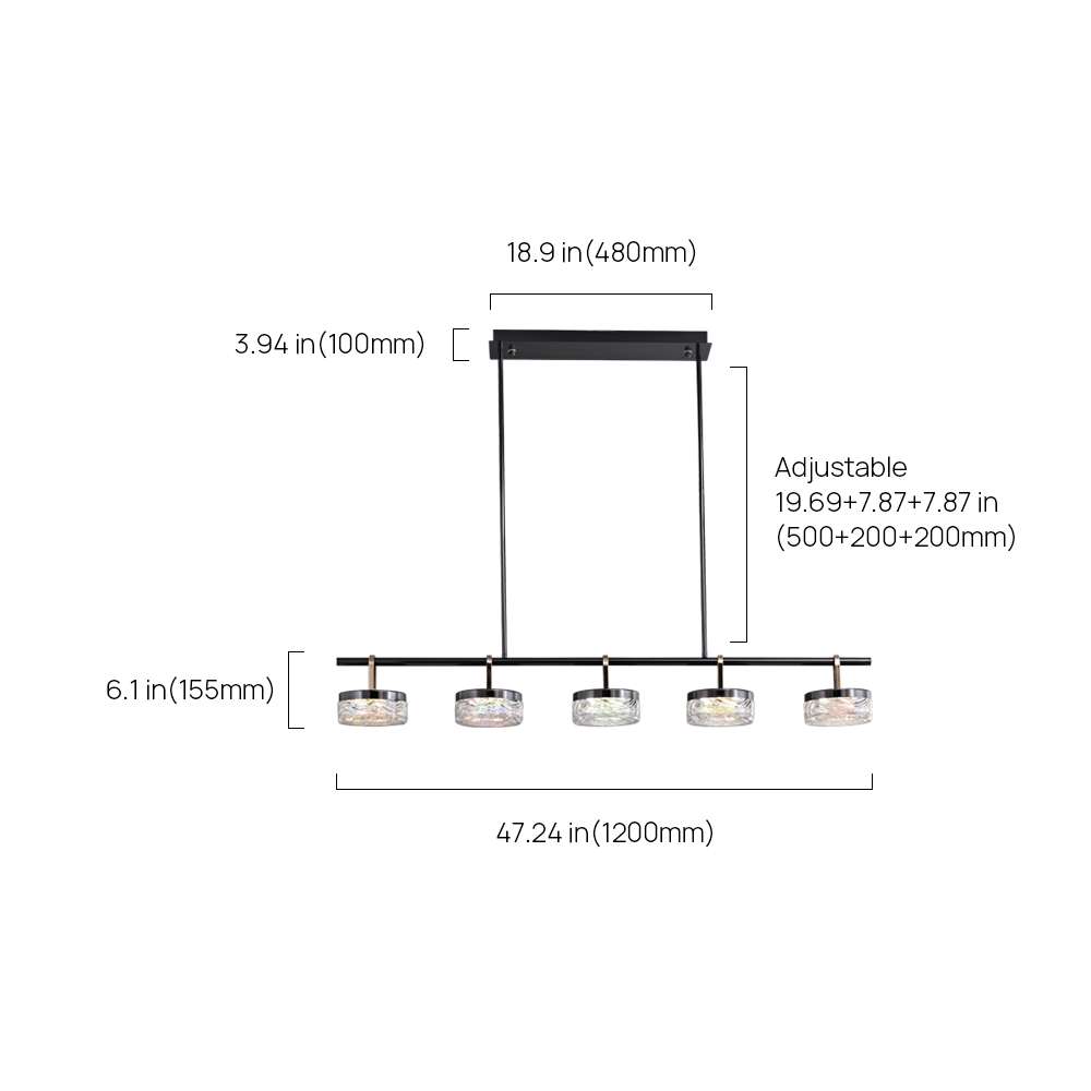Lámpara colgante LED para isla de cocina Ferlina – dibujo con medidas de la versión de 5 luces