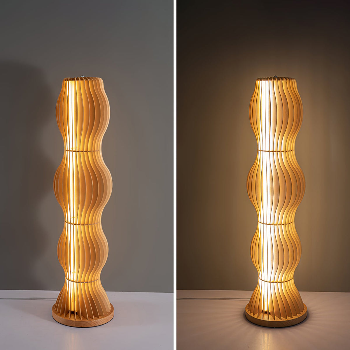Lámpara de pie de madera ondulada Vaivela – apagada y encendida