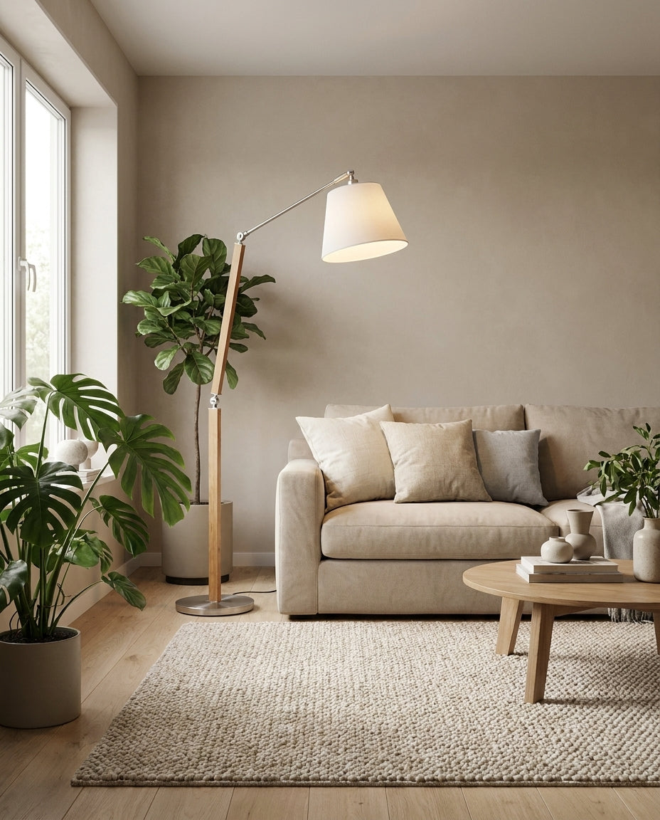 Lámpara de pie de madera con brazo articulado Vaivena en un salón acogedor – imagen 18