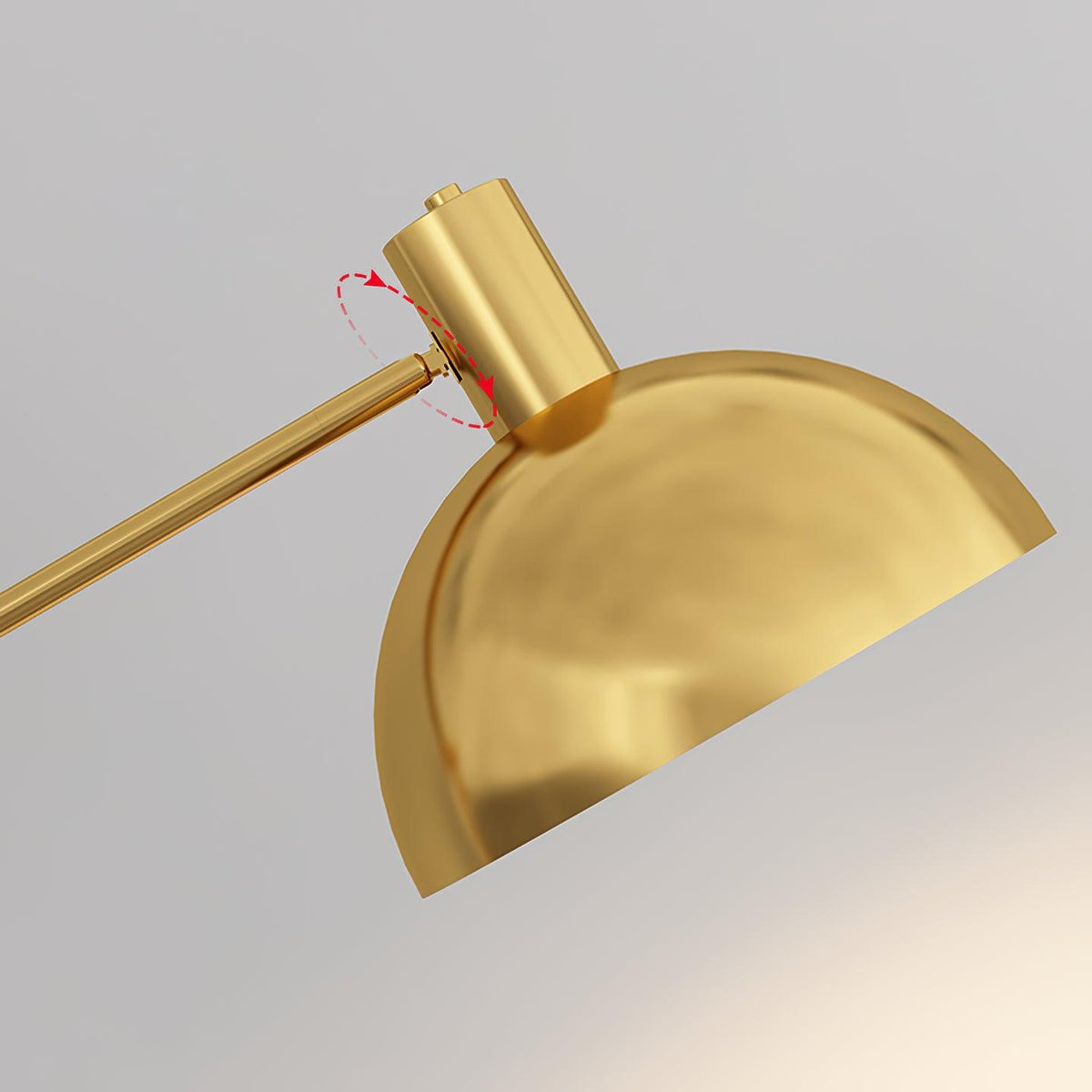 Lámpara de pie dorada con brazo basculante Vaivora – detalle de la pantalla orientable