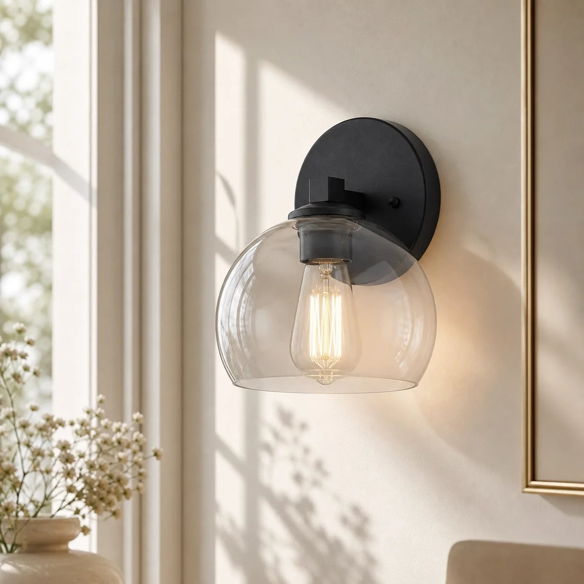 Aplique de pared con globos de cristal Valdina – 1 luz · 15 cm, negro, cristal transparente