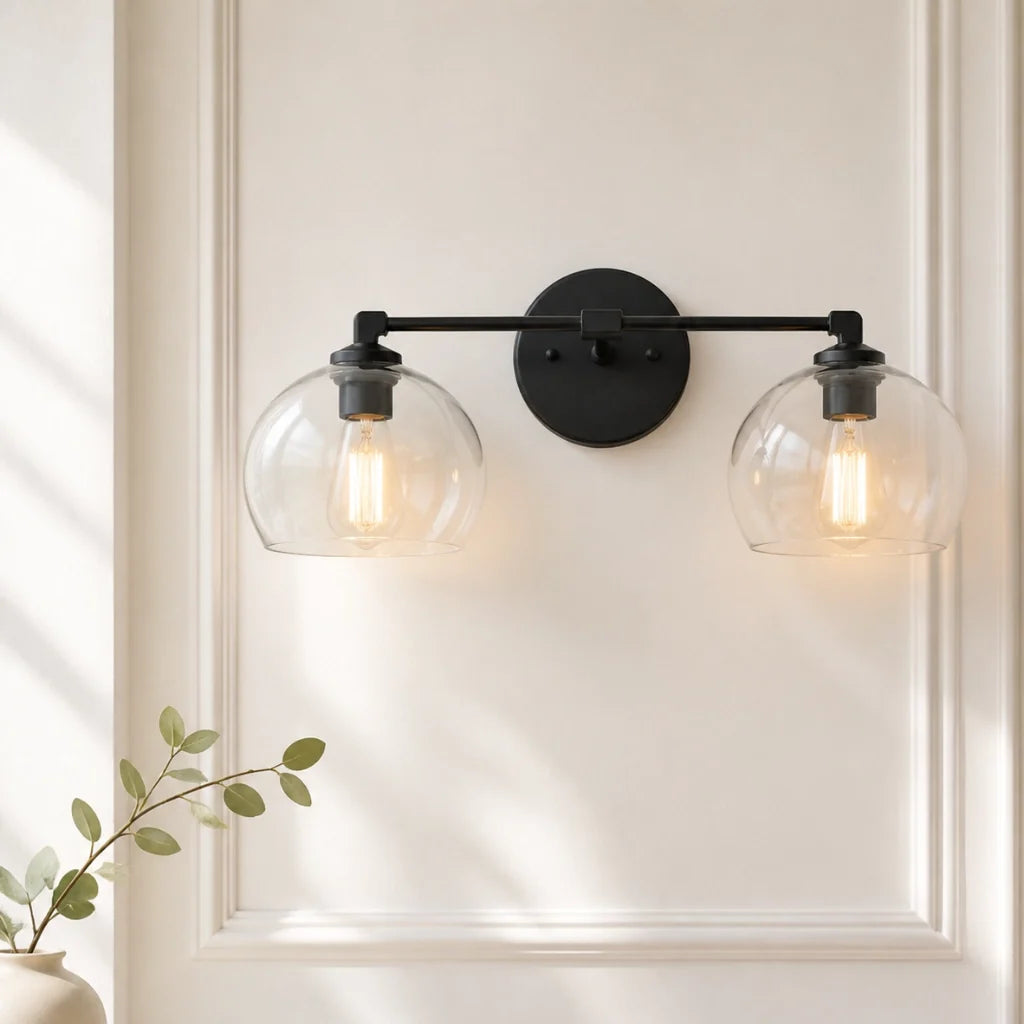 Aplique de pared con globos de cristal Valdina – 2 luces · 46 cm, negro, cristal transparente