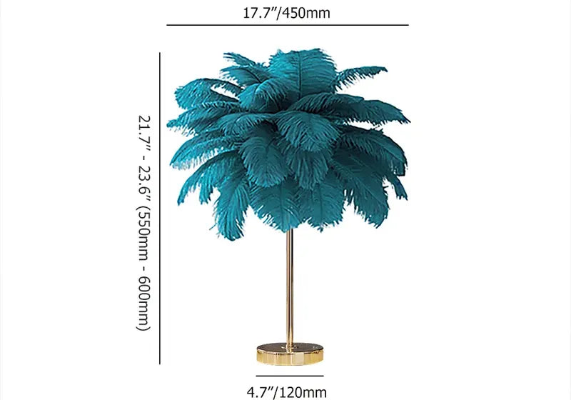 Lámpara de mesa de plumas Vaporela – medidas en verde azulado