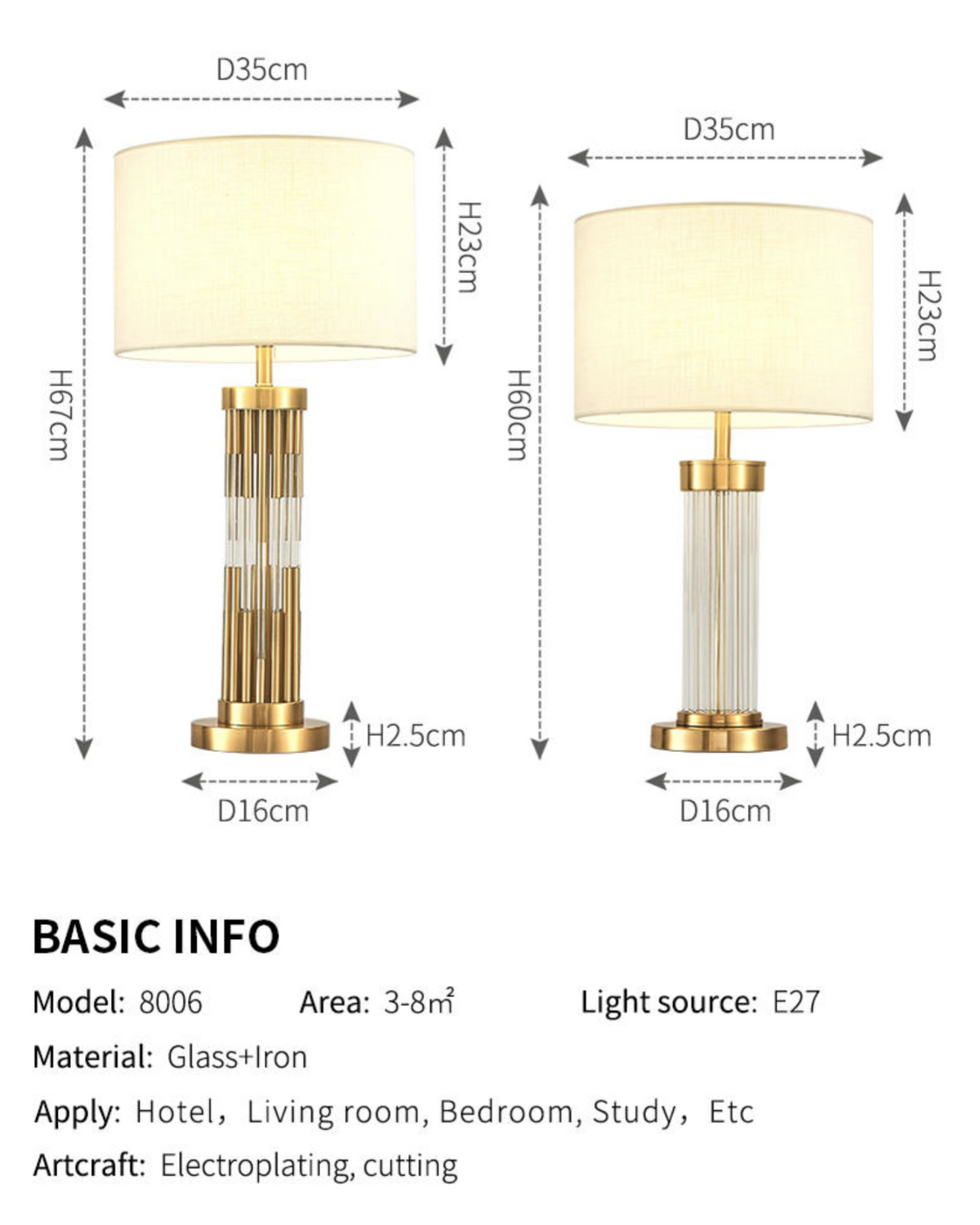 Lámpara de mesa de latón y cristal Vardela – medidas de los dos modelos