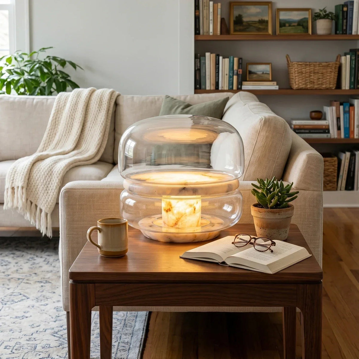 Lámpara de mesa de alabastro Velaba en un salón acogedor – imagen 8