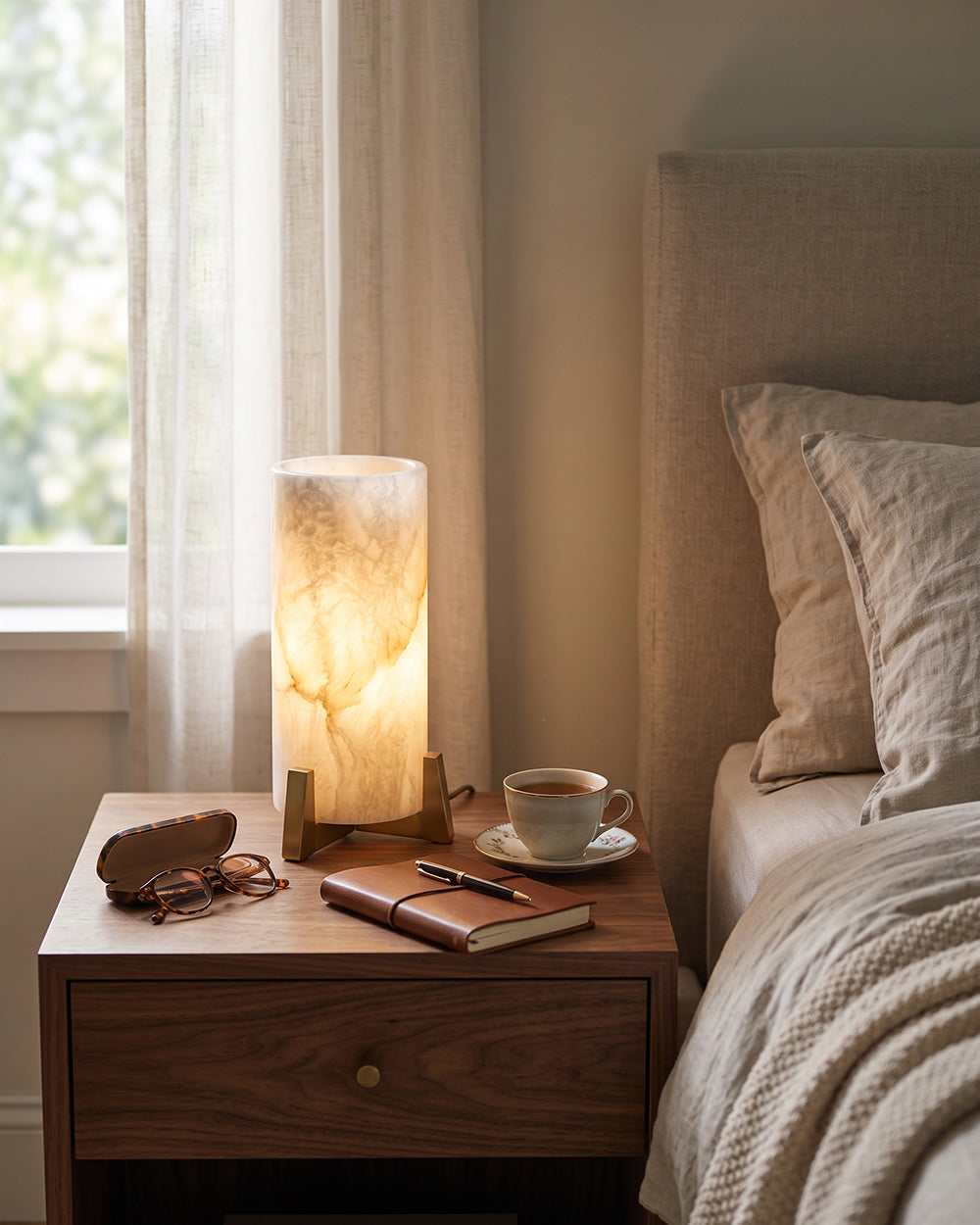 Lámpara de mesa de alabastro Velara – en un dormitorio luminoso