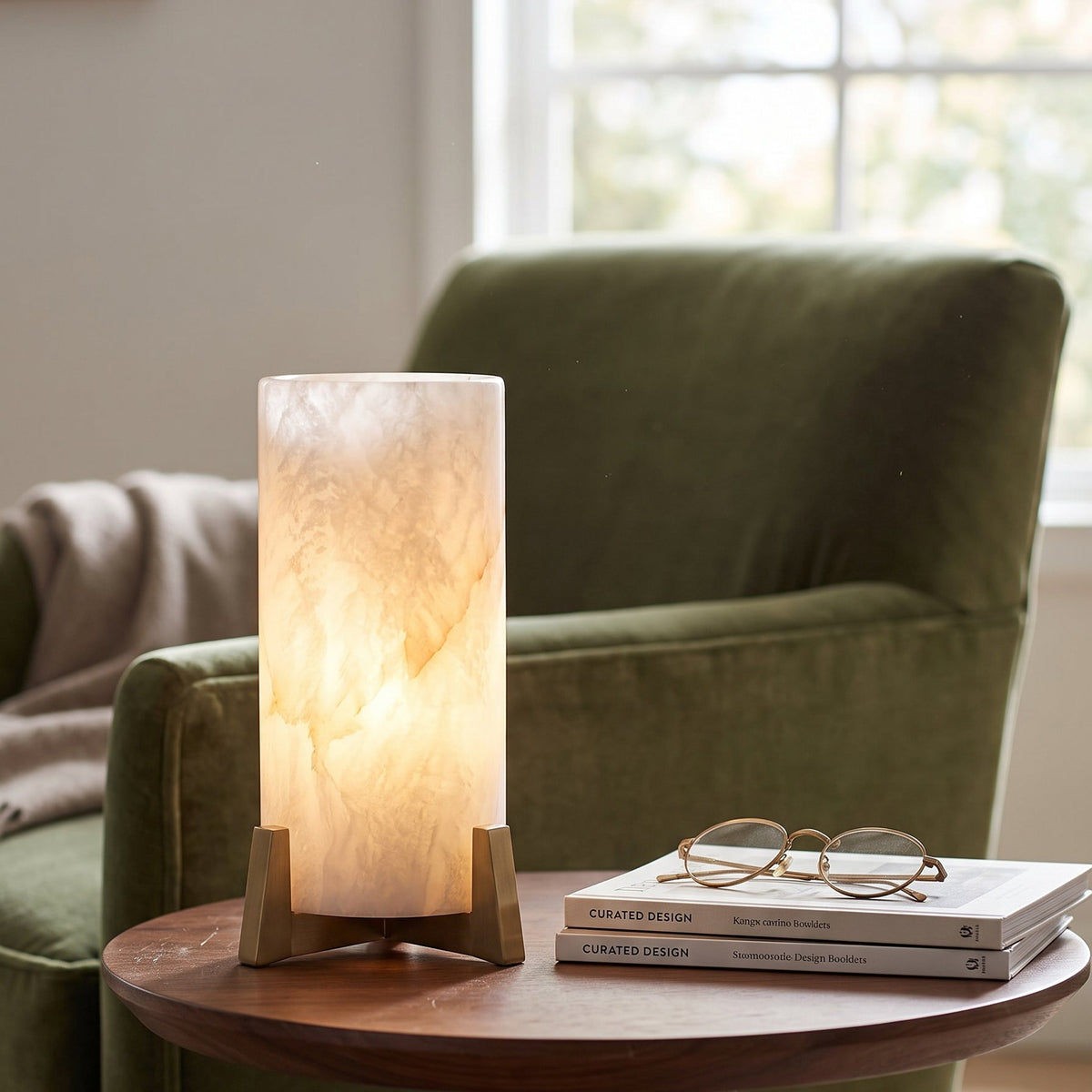 Lámpara de mesa de alabastro Velara – encendida en un salón con butaca verde