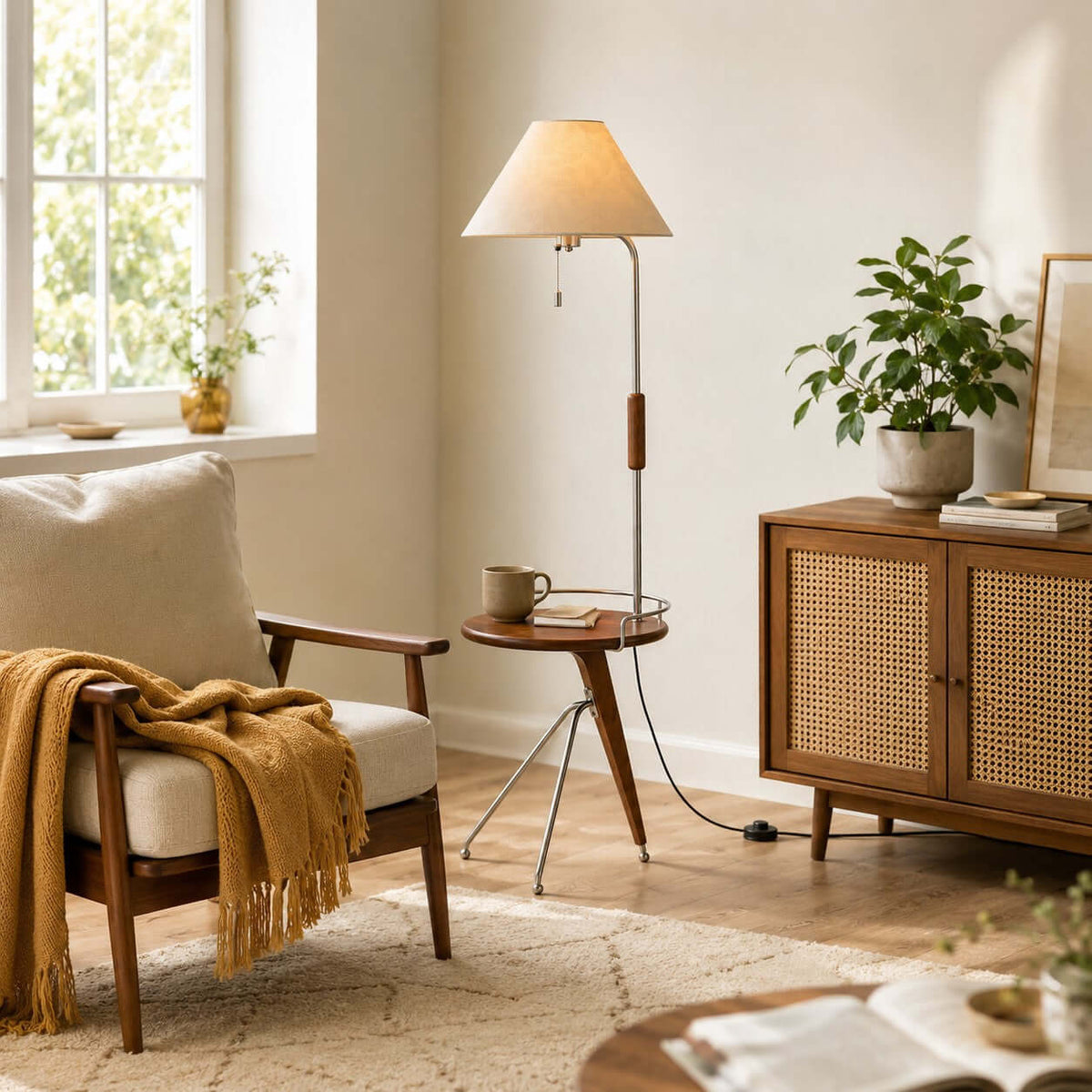 Lámpara de pie con mesita Velarta junto a un sillón de lectura – imagen 4