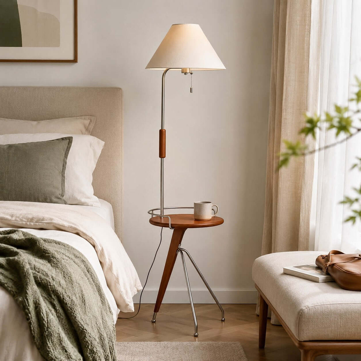 Lámpara de pie con mesita Velarta junto a un sillón de lectura – imagen 6