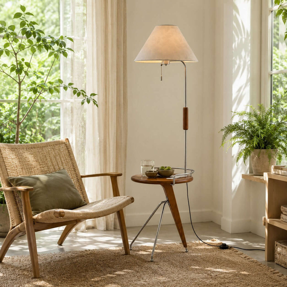 Lámpara de pie con mesita Velarta junto a un sillón de lectura – imagen 13