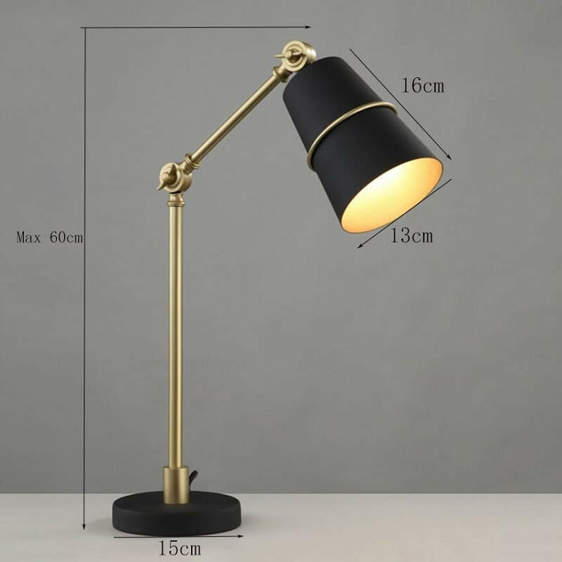 Lámpara de escritorio articulada Velarte – medidas en negro y dorado