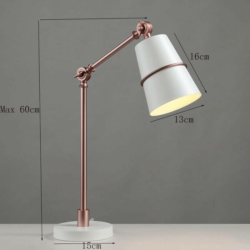 Lámpara de escritorio articulada Velarte – medidas en blanco y cobre