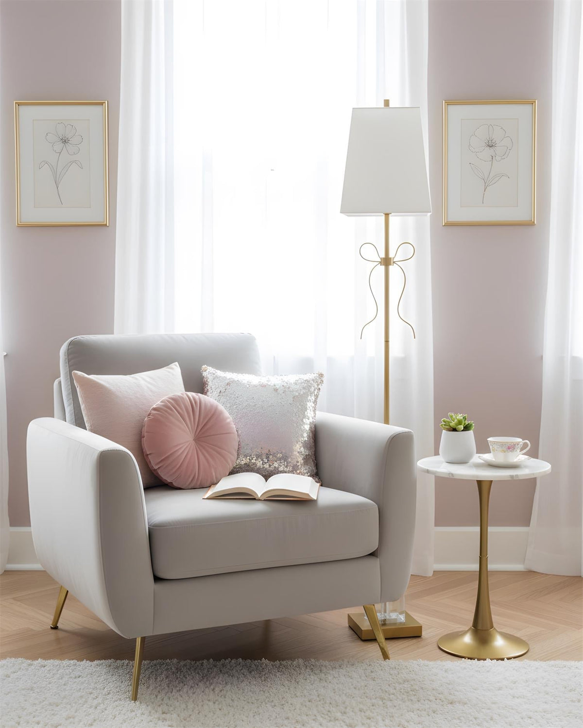 Lámpara de pie con lazo de latón Velaza en un dormitorio elegante – imagen 10