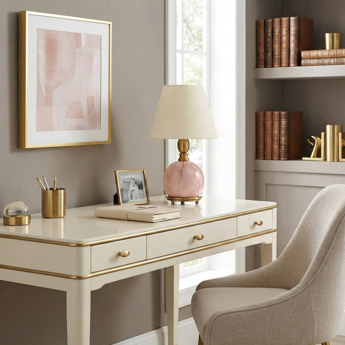 Lámpara de mesa de mármol rosa Velmora en un dormitorio elegante – imagen 6