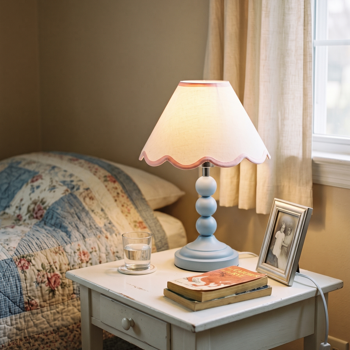 Lámpara de mesa con pantalla ondulada Veloria en un dormitorio romántico – imagen 7
