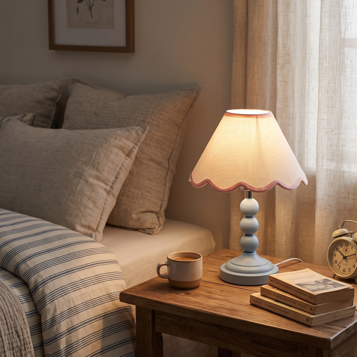 Lámpara de mesa con pantalla ondulada Veloria en un dormitorio romántico – imagen 8