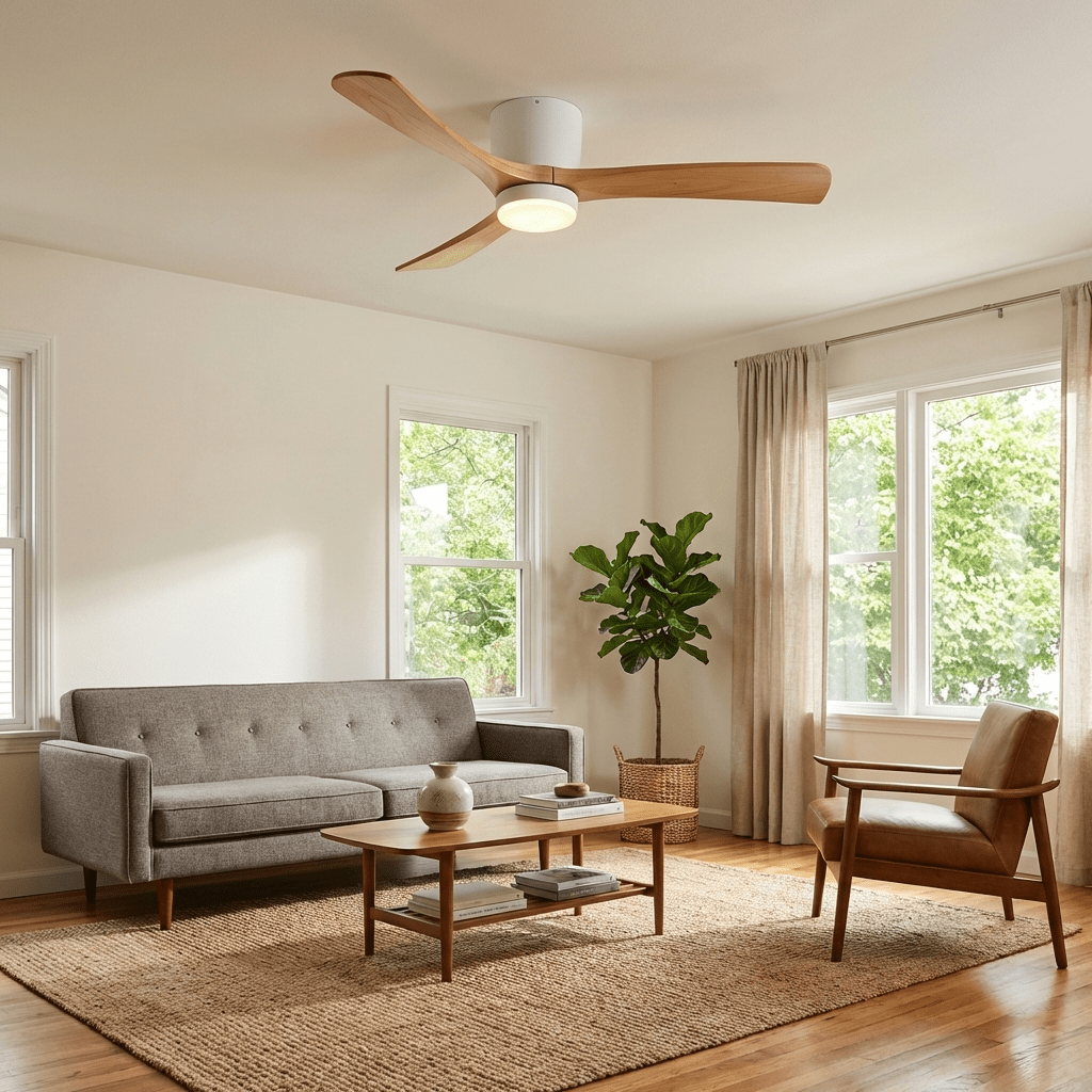 Ventilador de techo con luz Alisio en un salón luminoso – imagen 9
