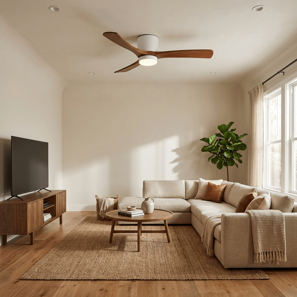 Ventilador de techo con luz Alisio en un salón luminoso – imagen 11
