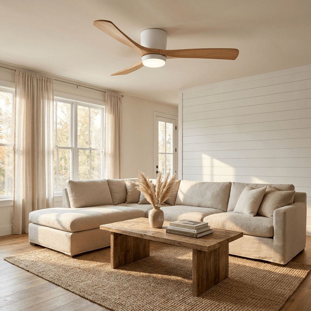 Ventilador de techo con luz Alisio en un salón luminoso – imagen 12
