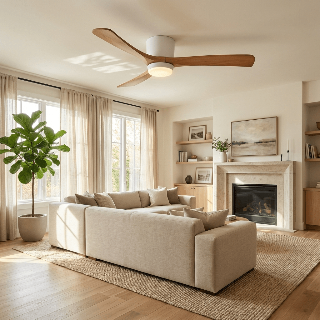Ventilador de techo con luz Alisio en un salón luminoso – imagen 13