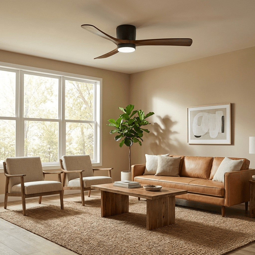 Ventilador de techo con luz Alisio en un salón luminoso – imagen 15