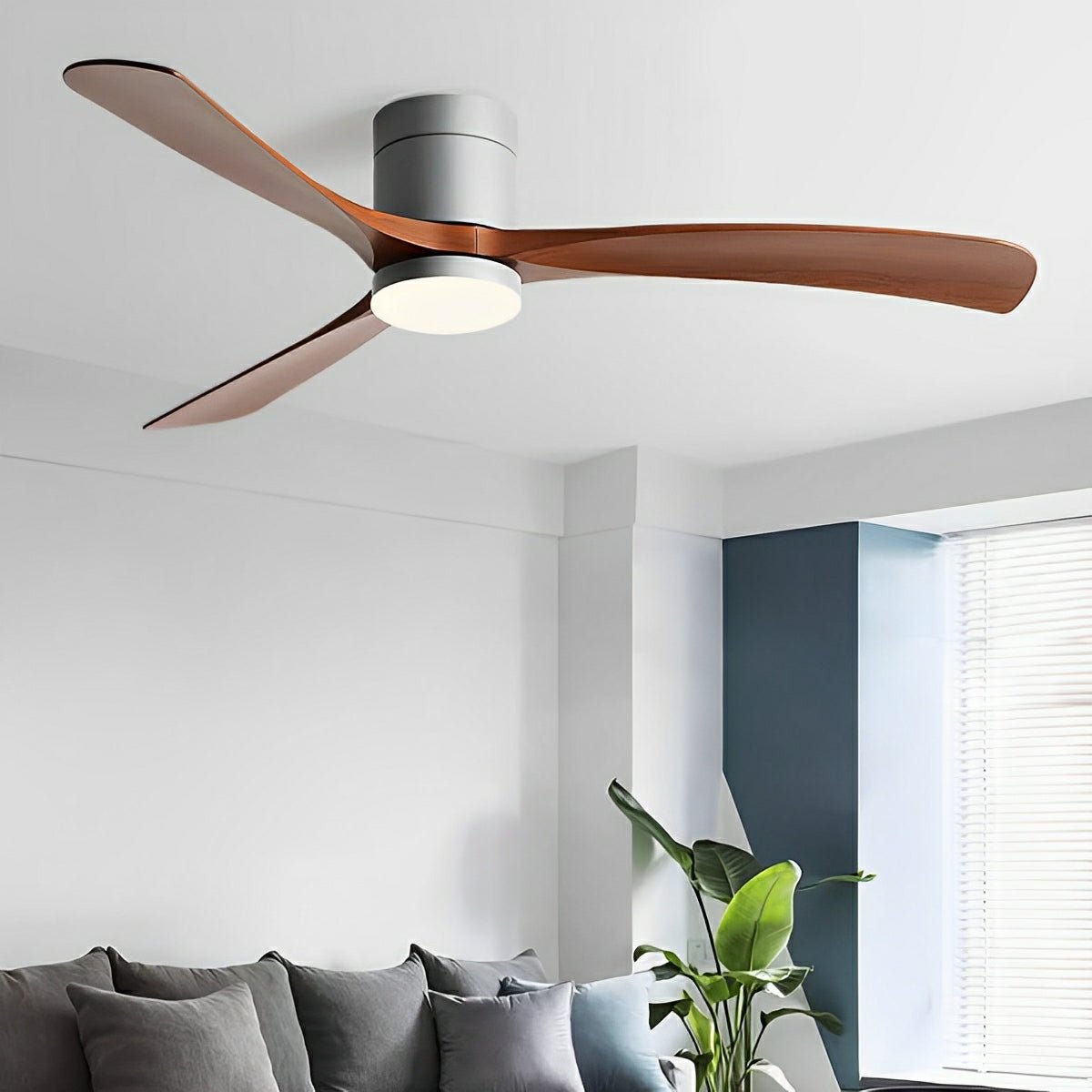 Ventilador de techo con luz Ventura – gris con aspas efecto nogal