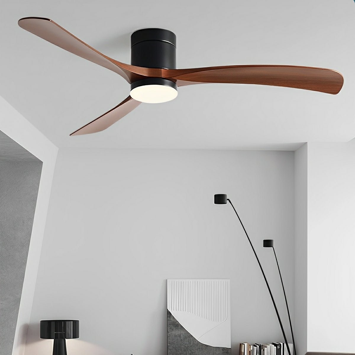 Ventilador de techo con luz Ventura – negro con aspas efecto nogal