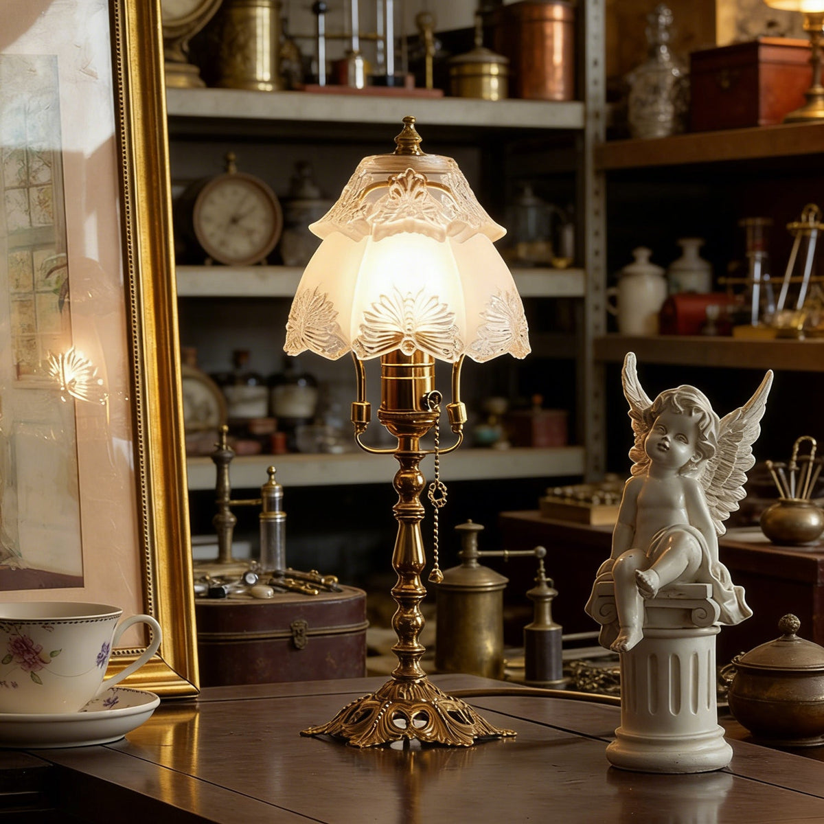 Lámpara de mesa vintage Vidriela – encendida en un salón vintage