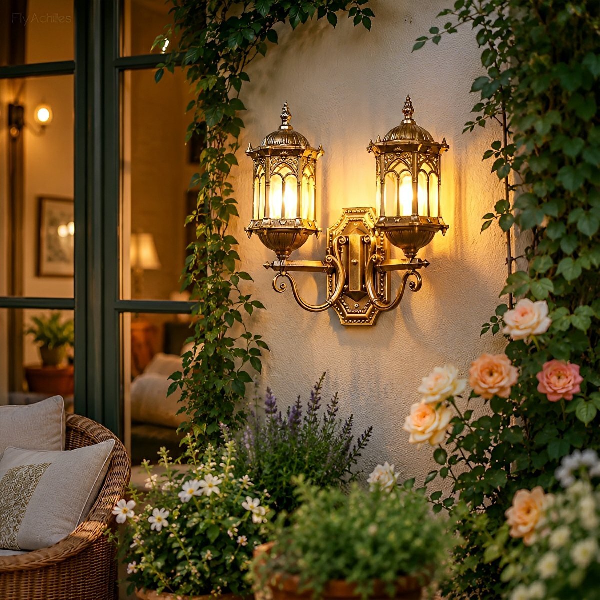 Aplique de pared exterior Omeria – modelo pagoda en dorado entre flores