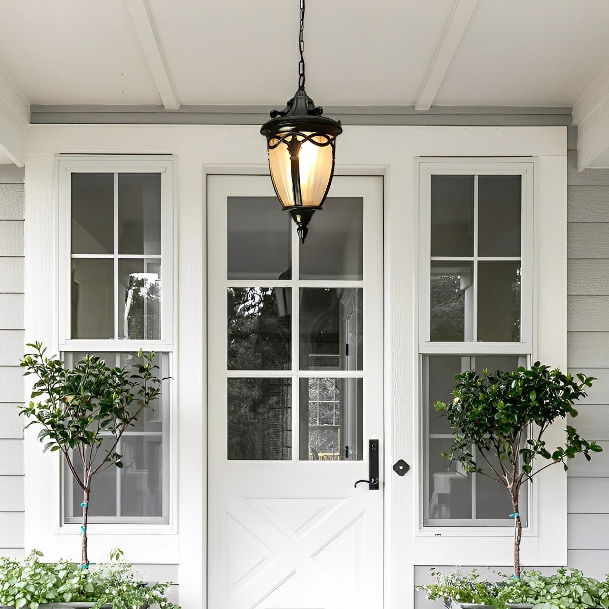 Farol colgante exterior Mofarol – negro sobre la puerta principal