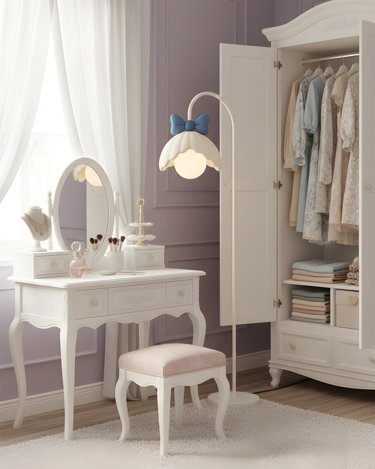 Lámpara de pie en arco con lazo Volena en un dormitorio de estilo romántico – imagen 9