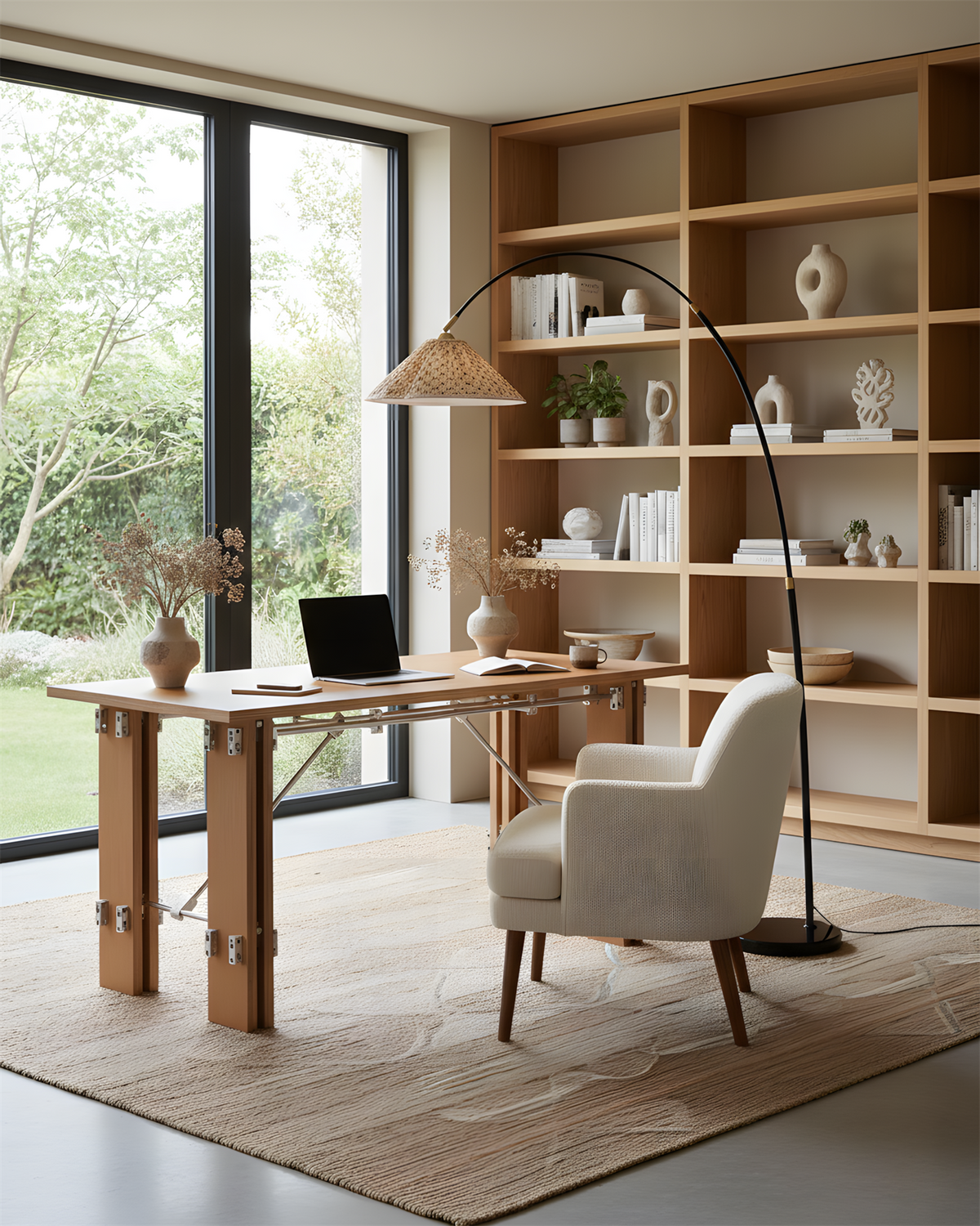 Lámpara de pie de arco Voluta – junto a un escritorio de madera