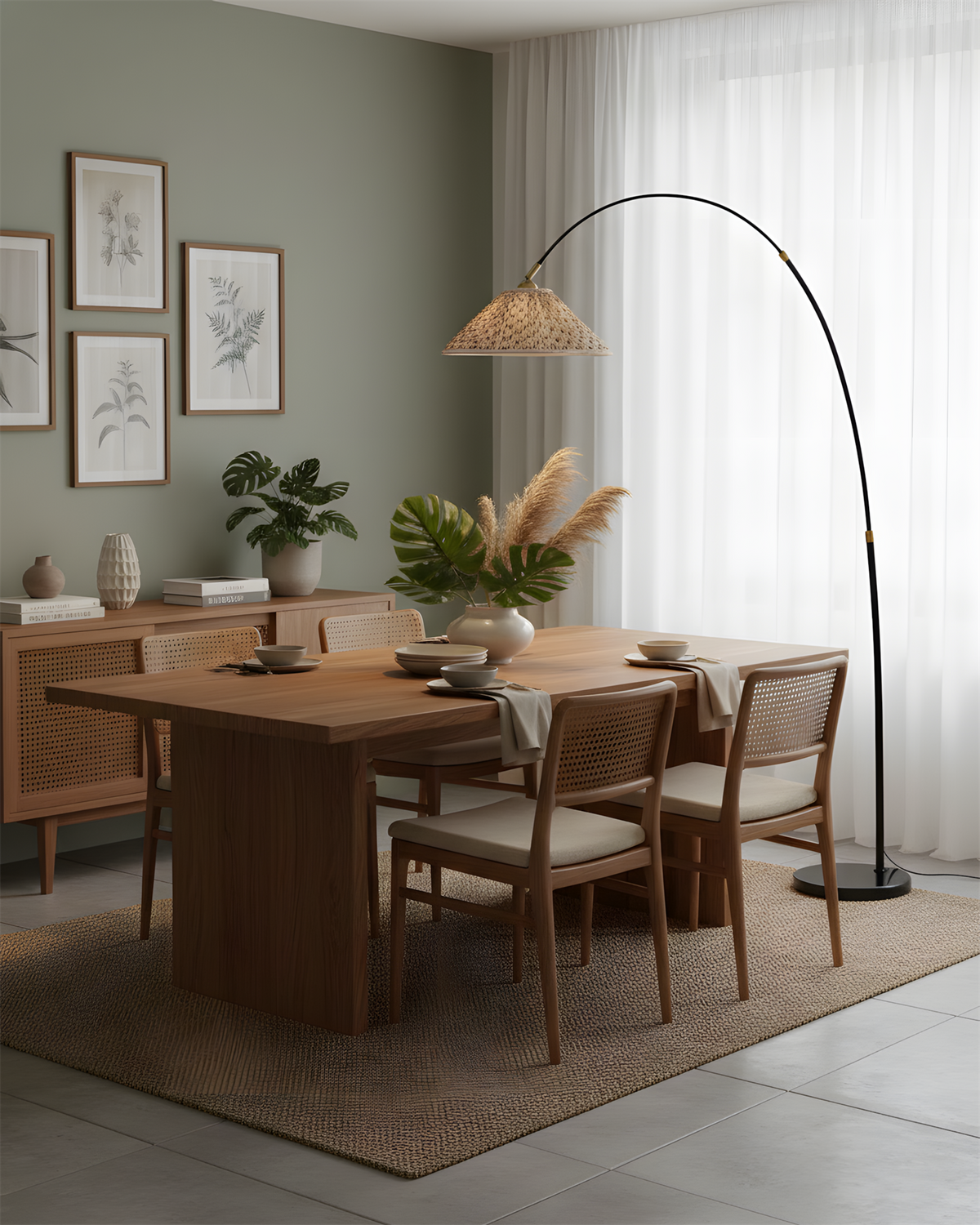 Lámpara de pie de arco Voluta – sobre una mesa de comedor