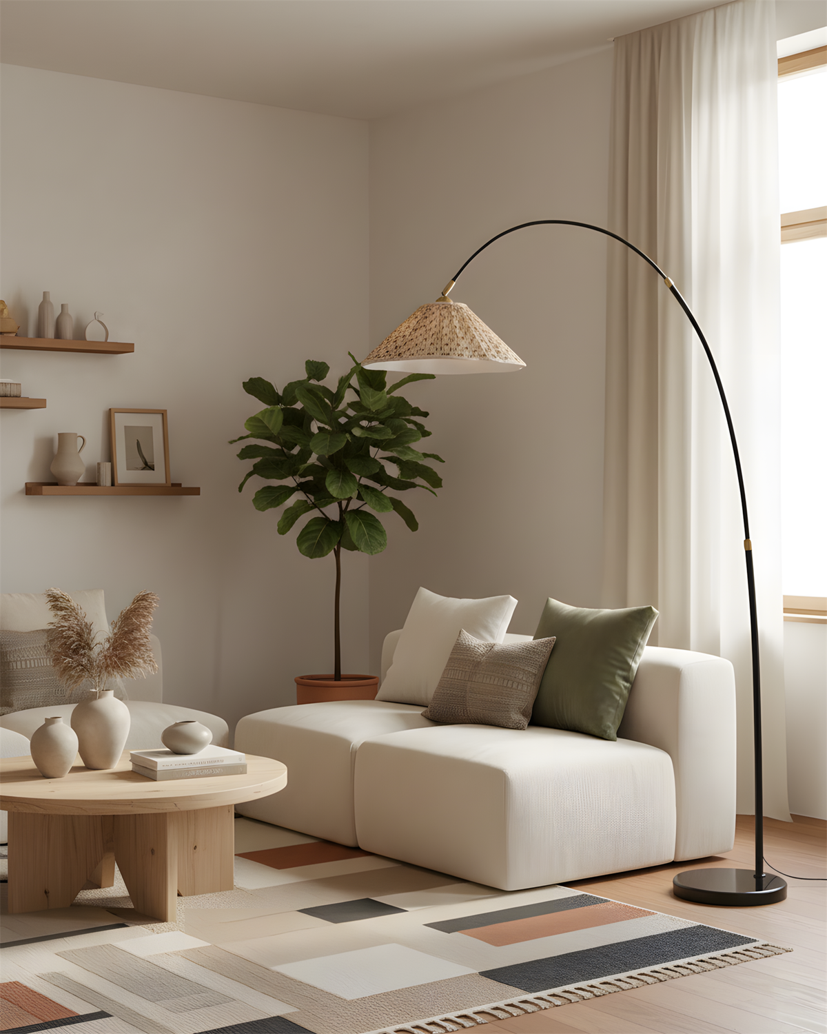 Lámpara de pie de arco Voluta – junto a un sofá modular