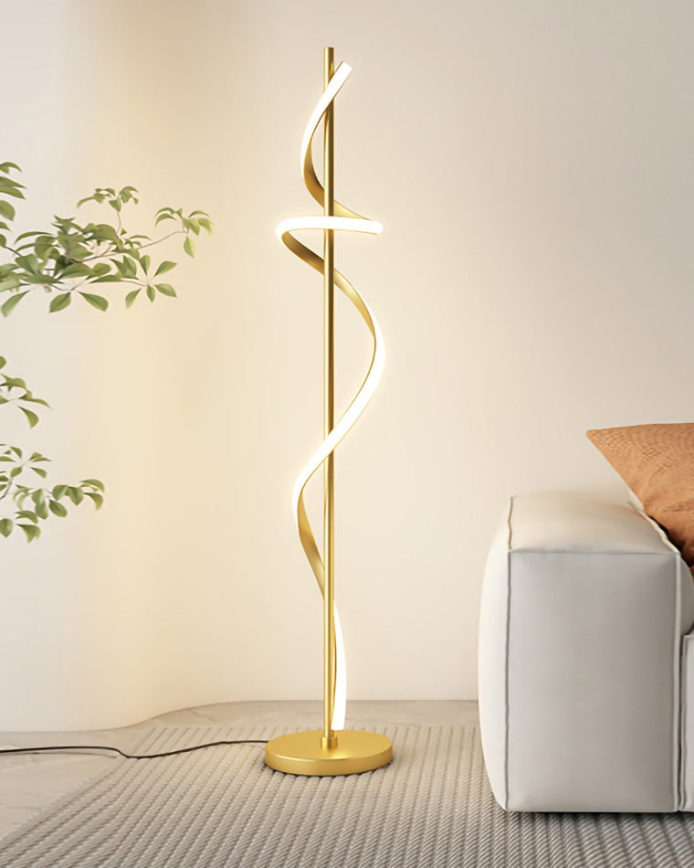 Lámpara de pie LED en espiral Volutela – espiral con lazo en dorado