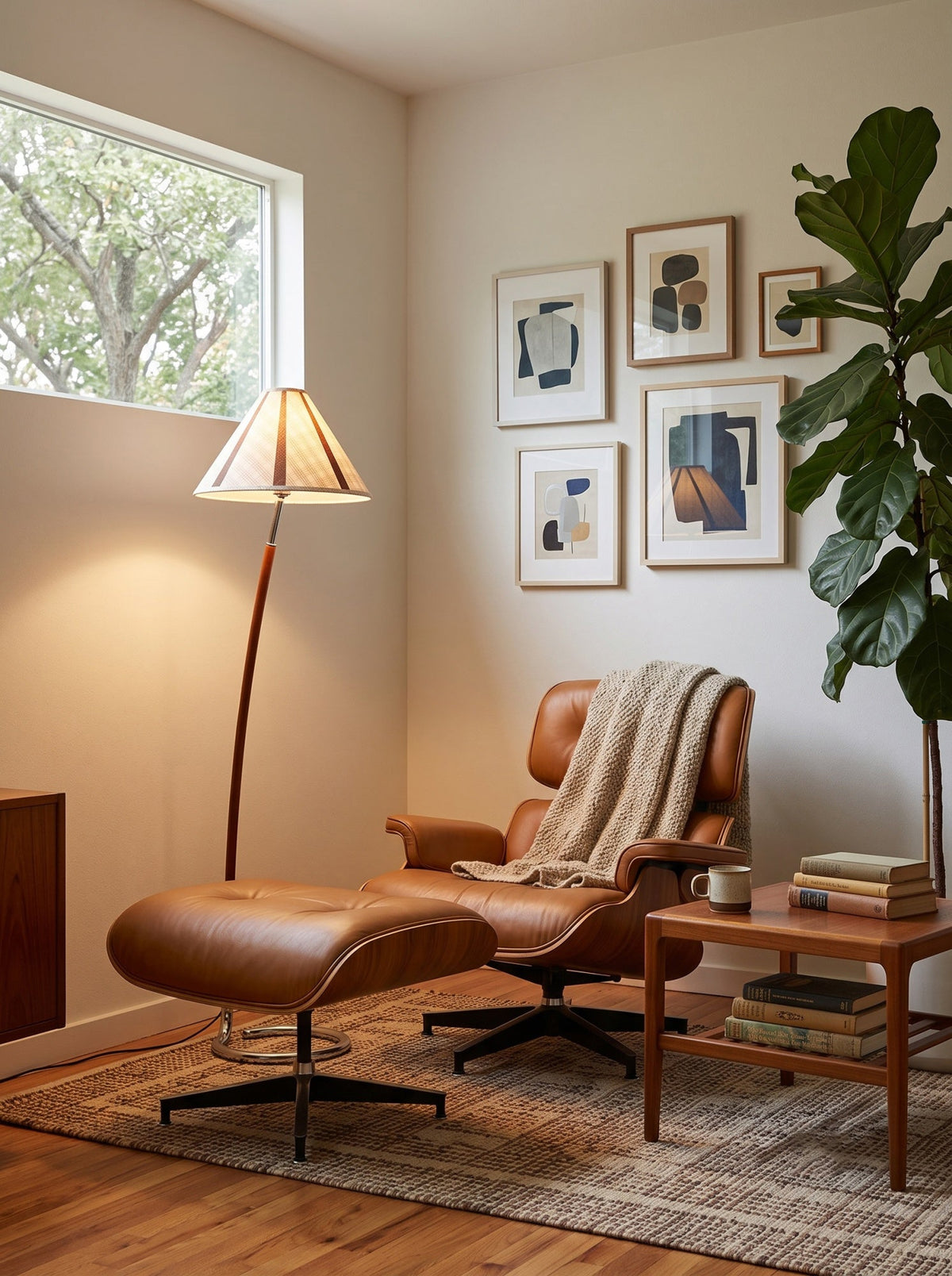 Lámpara de pie de lectura Volutina – junto a un sillón de piel y una mesa auxiliar