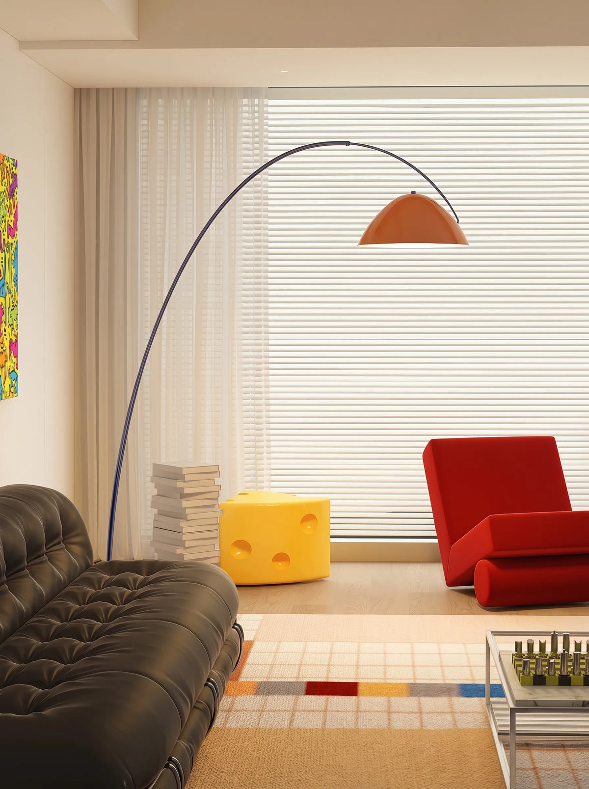 Lámpara de pie arco Vorcela de metal en un salón colorido – imagen 7