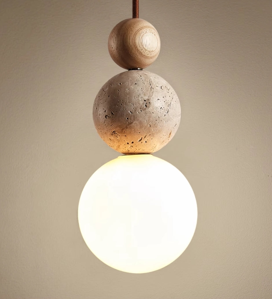 Dolmia - Lámpara Colgante de Travertino con Globo de Cristal y Madera