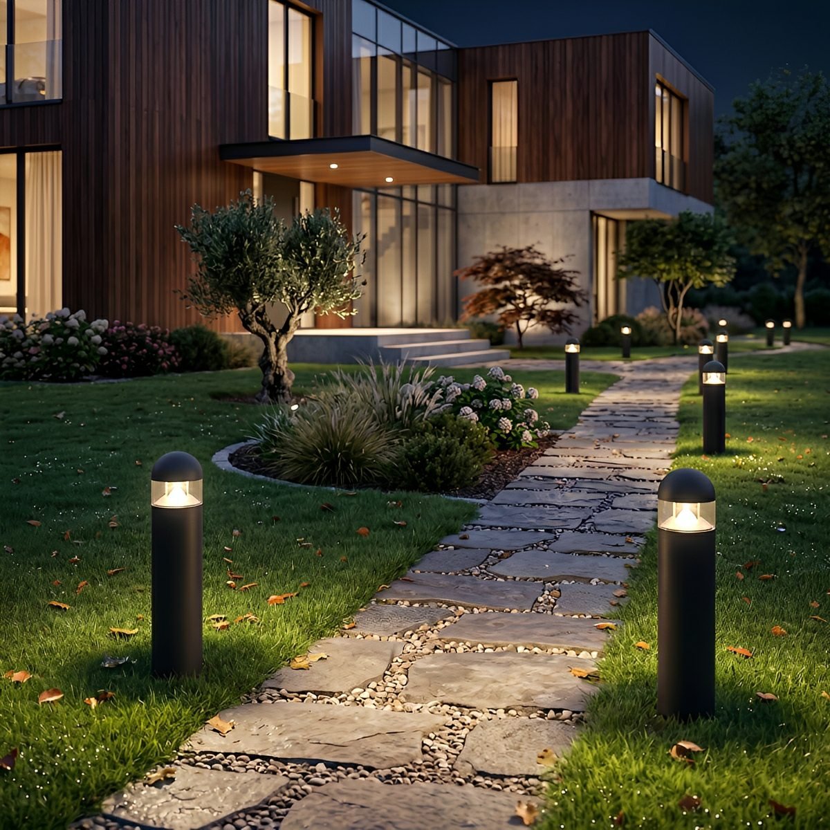 Baliza de jardín LED Obeluna – varias balizas a lo largo de un sendero