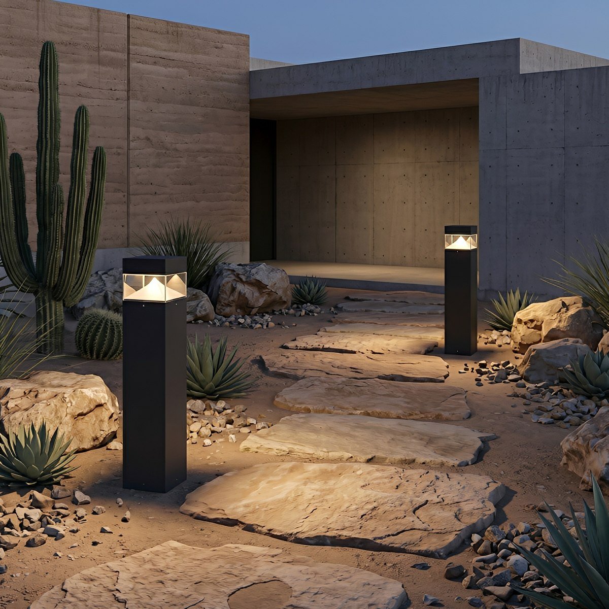 Baliza de jardín LED Obeluna – cuadradas en un patio de estilo desértico