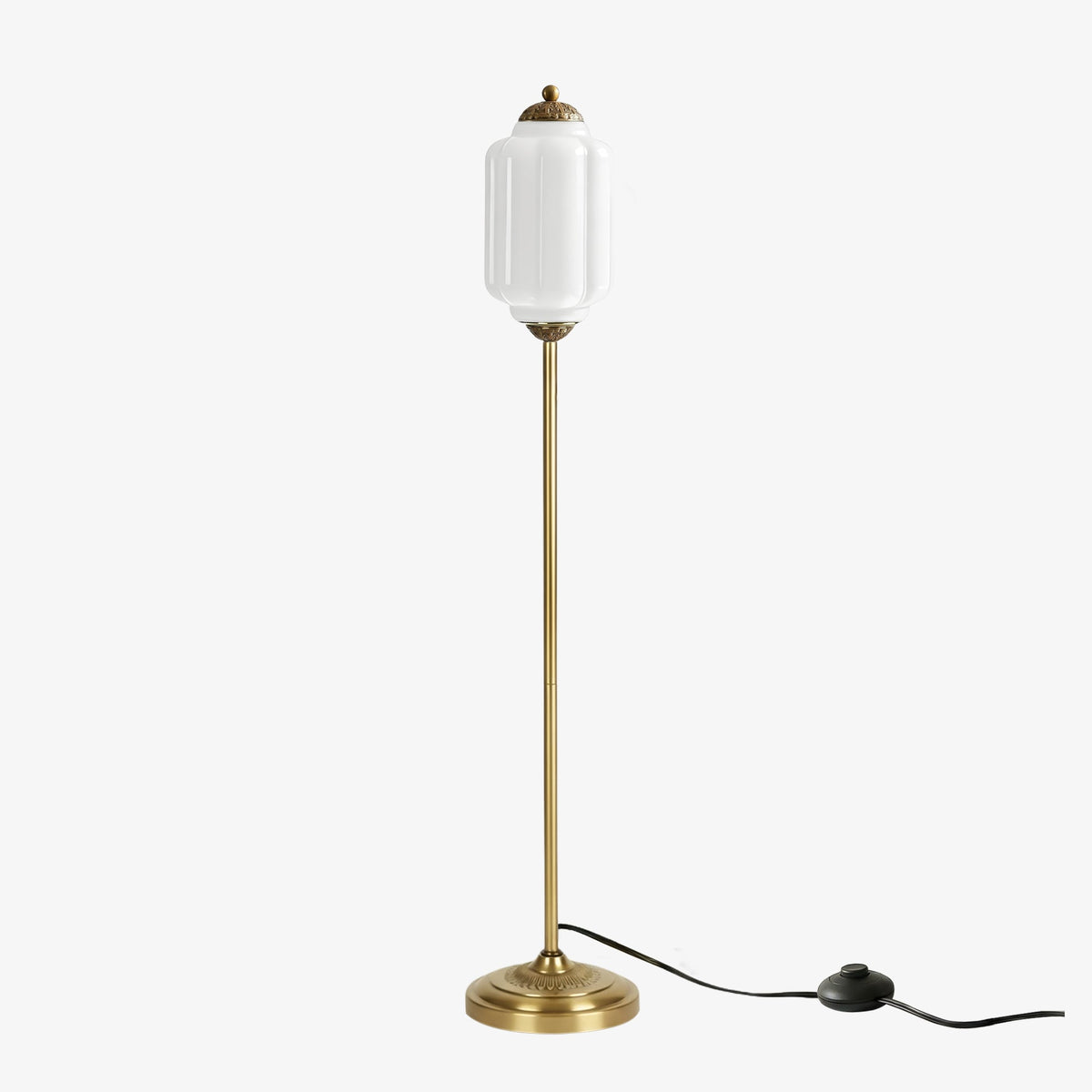 Lámpara de pie retro Tuliana – cristal blanco y acabado latón, pantalla de 14 cm