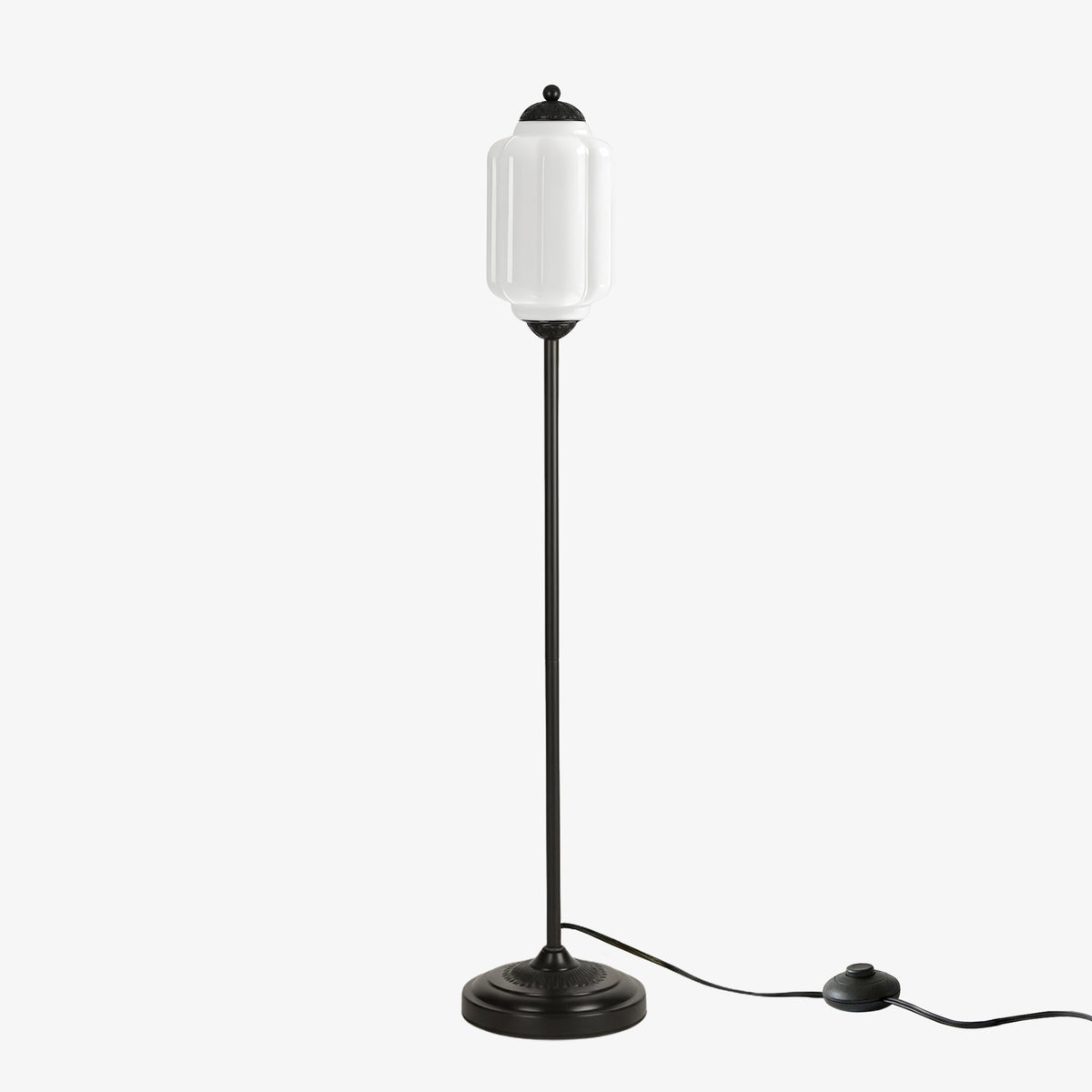 Lámpara de pie retro Tuliana – cristal blanco y acabado negro, pantalla de 14 cm
