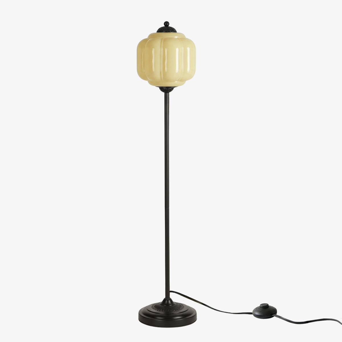 Lámpara de pie retro Tuliana – cristal amarillo y acabado negro, pantalla de 25 cm